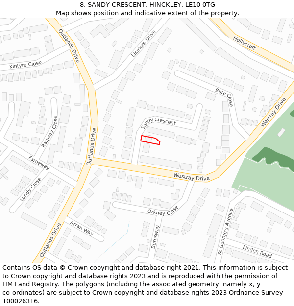 8, SANDY CRESCENT, HINCKLEY, LE10 0TG: Location map and indicative extent of plot