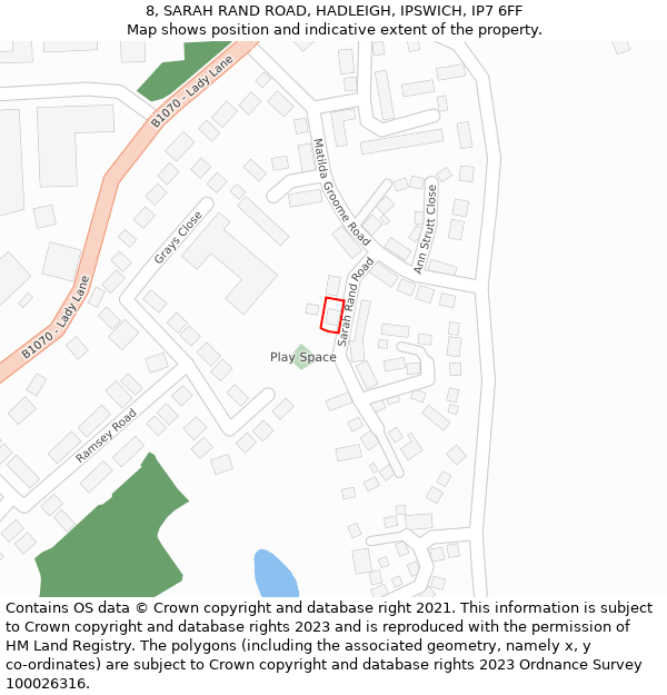 8, SARAH RAND ROAD, HADLEIGH, IPSWICH, IP7 6FF: Location map and indicative extent of plot