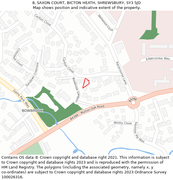 8, SAXON COURT, BICTON HEATH, SHREWSBURY, SY3 5JD: Location map and indicative extent of plot