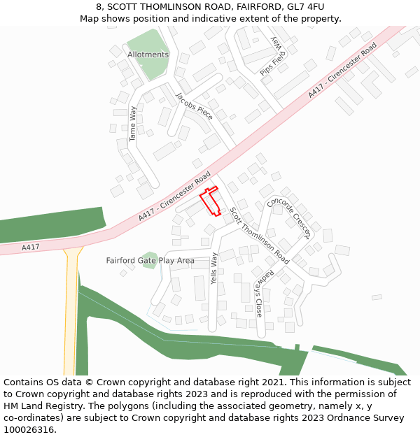 8, SCOTT THOMLINSON ROAD, FAIRFORD, GL7 4FU: Location map and indicative extent of plot