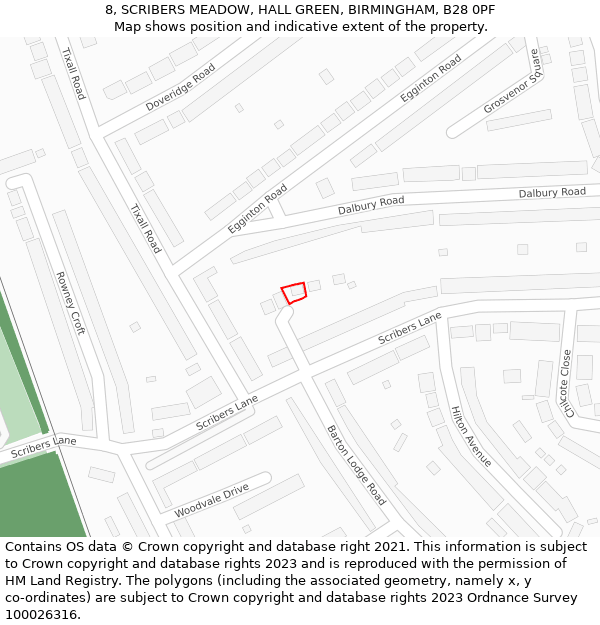 8, SCRIBERS MEADOW, HALL GREEN, BIRMINGHAM, B28 0PF: Location map and indicative extent of plot