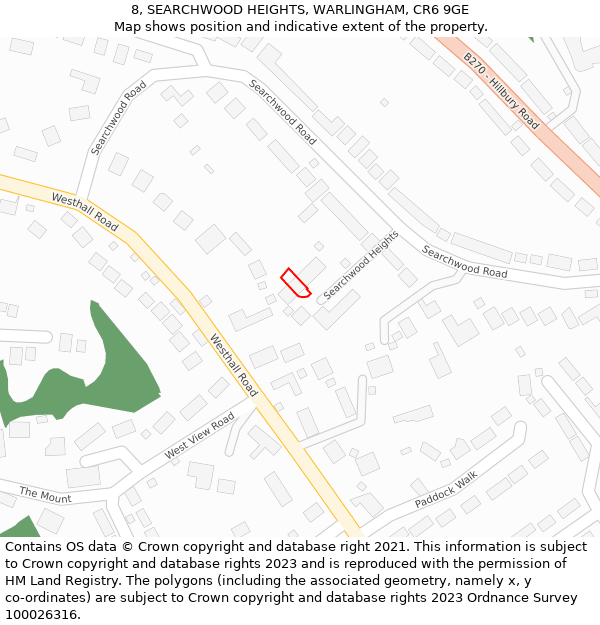 8, SEARCHWOOD HEIGHTS, WARLINGHAM, CR6 9GE: Location map and indicative extent of plot