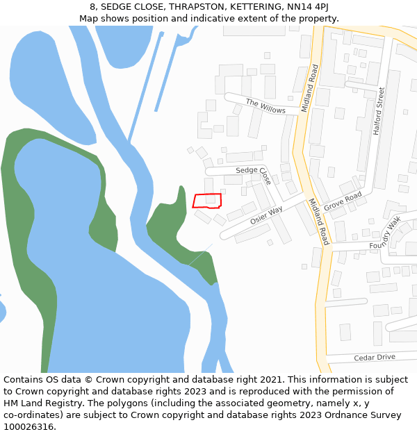 8, SEDGE CLOSE, THRAPSTON, KETTERING, NN14 4PJ: Location map and indicative extent of plot