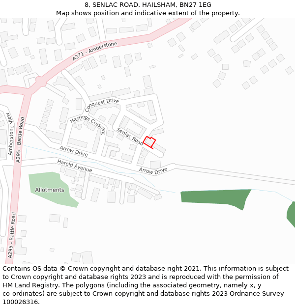 8, SENLAC ROAD, HAILSHAM, BN27 1EG: Location map and indicative extent of plot