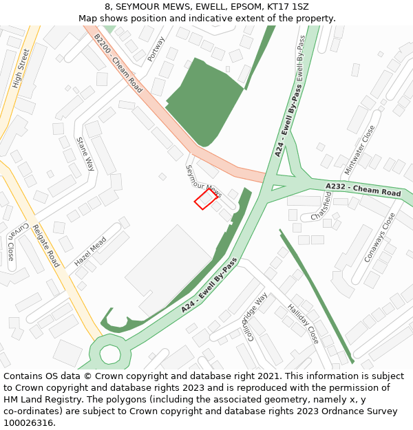 8, SEYMOUR MEWS, EWELL, EPSOM, KT17 1SZ: Location map and indicative extent of plot