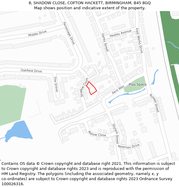 8, SHADOW CLOSE, COFTON HACKETT, BIRMINGHAM, B45 8GQ: Location map and indicative extent of plot