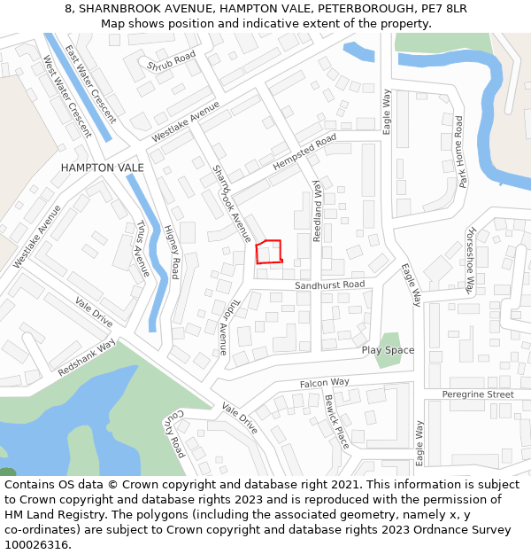 8, SHARNBROOK AVENUE, HAMPTON VALE, PETERBOROUGH, PE7 8LR: Location map and indicative extent of plot