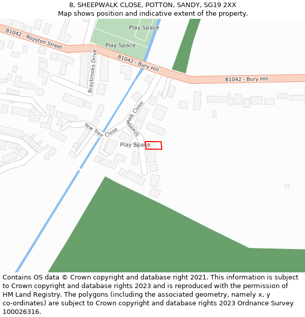 8, SHEEPWALK CLOSE, POTTON, SANDY, SG19 2XX: Location map and indicative extent of plot