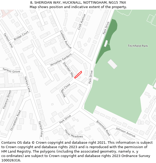 8, SHERIDAN WAY, HUCKNALL, NOTTINGHAM, NG15 7NX: Location map and indicative extent of plot