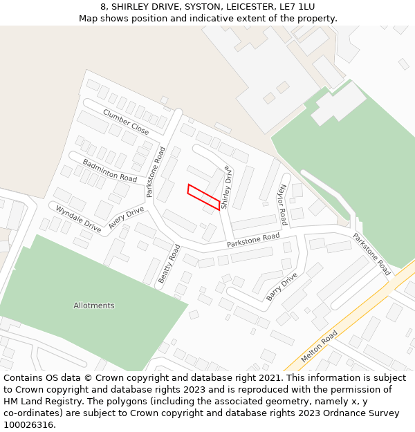 8, SHIRLEY DRIVE, SYSTON, LEICESTER, LE7 1LU: Location map and indicative extent of plot