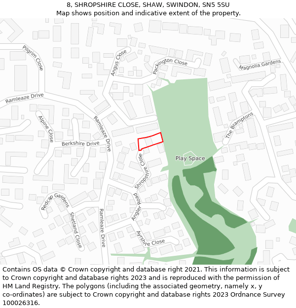 8, SHROPSHIRE CLOSE, SHAW, SWINDON, SN5 5SU: Location map and indicative extent of plot