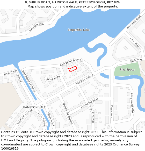 8, SHRUB ROAD, HAMPTON VALE, PETERBOROUGH, PE7 8LW: Location map and indicative extent of plot
