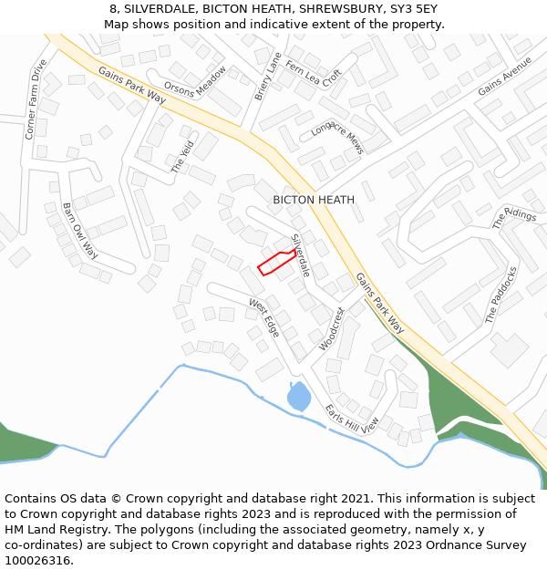 8, SILVERDALE, BICTON HEATH, SHREWSBURY, SY3 5EY: Location map and indicative extent of plot