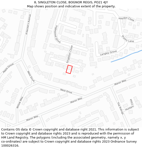 8, SINGLETON CLOSE, BOGNOR REGIS, PO21 4JY: Location map and indicative extent of plot