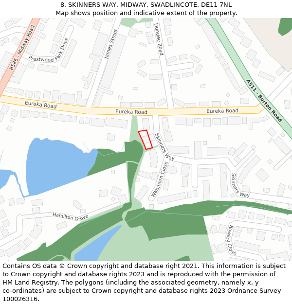 8, SKINNERS WAY, MIDWAY, SWADLINCOTE, DE11 7NL: Location map and indicative extent of plot