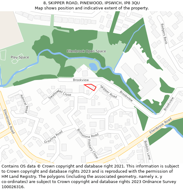 8, SKIPPER ROAD, PINEWOOD, IPSWICH, IP8 3QU: Location map and indicative extent of plot