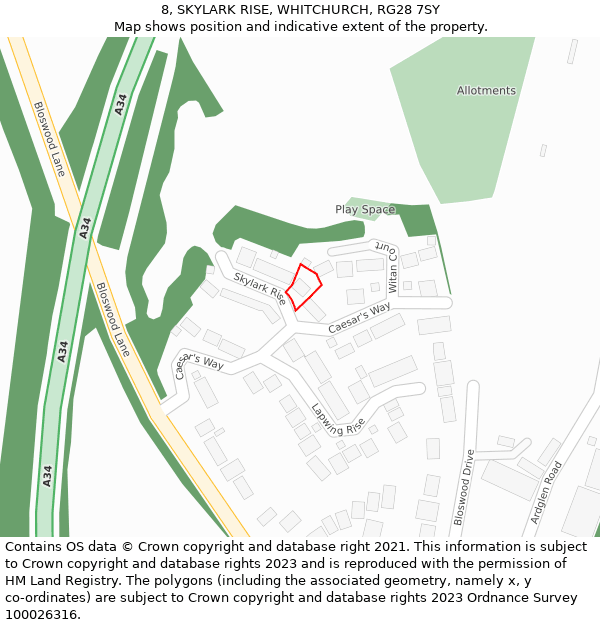 8, SKYLARK RISE, WHITCHURCH, RG28 7SY: Location map and indicative extent of plot