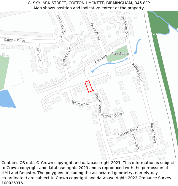 8, SKYLARK STREET, COFTON HACKETT, BIRMINGHAM, B45 8FP: Location map and indicative extent of plot