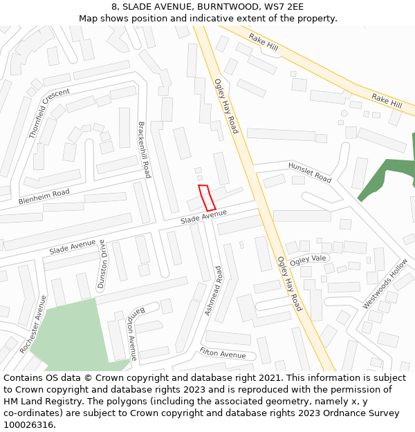 8, SLADE AVENUE, BURNTWOOD, WS7 2EE: Location map and indicative extent of plot