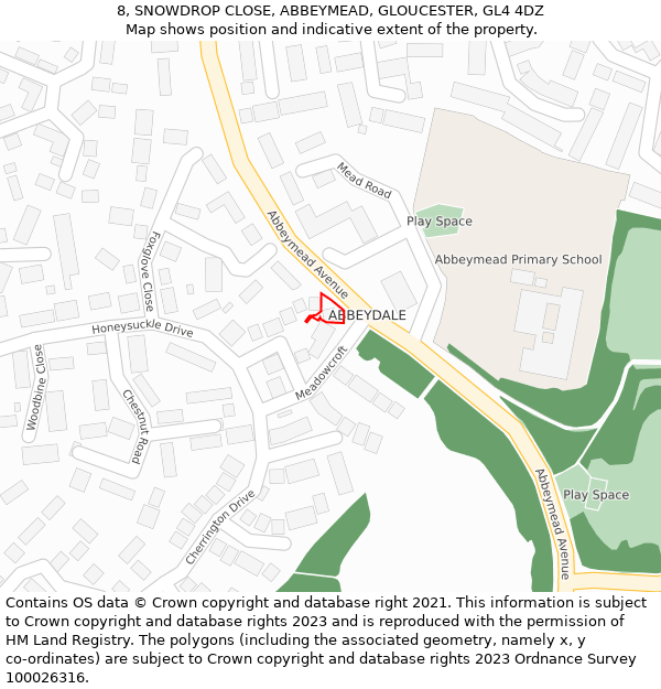 8, SNOWDROP CLOSE, ABBEYMEAD, GLOUCESTER, GL4 4DZ: Location map and indicative extent of plot