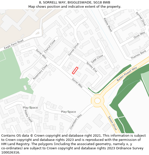 8, SORRELL WAY, BIGGLESWADE, SG18 8WB: Location map and indicative extent of plot