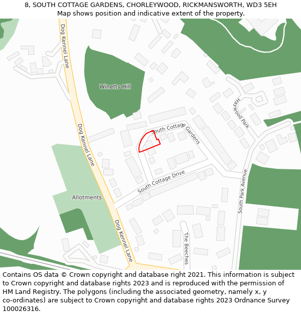 8, SOUTH COTTAGE GARDENS, CHORLEYWOOD, RICKMANSWORTH, WD3 5EH: Location map and indicative extent of plot