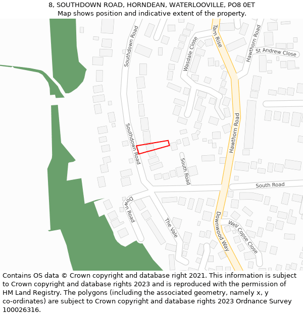 8, SOUTHDOWN ROAD, HORNDEAN, WATERLOOVILLE, PO8 0ET: Location map and indicative extent of plot