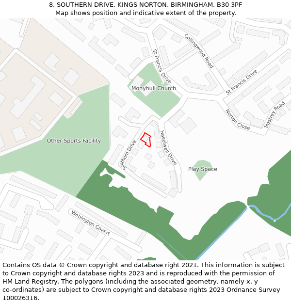 8, SOUTHERN DRIVE, KINGS NORTON, BIRMINGHAM, B30 3PF: Location map and indicative extent of plot