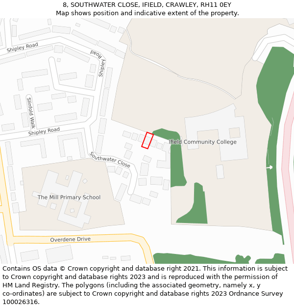 8, SOUTHWATER CLOSE, IFIELD, CRAWLEY, RH11 0EY: Location map and indicative extent of plot