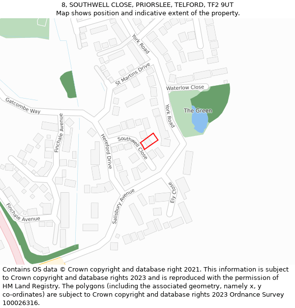 8, SOUTHWELL CLOSE, PRIORSLEE, TELFORD, TF2 9UT: Location map and indicative extent of plot