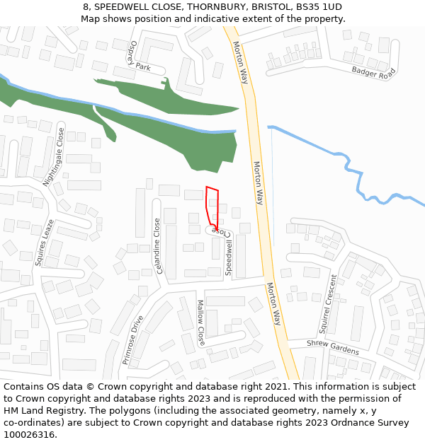 8, SPEEDWELL CLOSE, THORNBURY, BRISTOL, BS35 1UD: Location map and indicative extent of plot