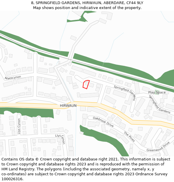 8, SPRINGFIELD GARDENS, HIRWAUN, ABERDARE, CF44 9LY: Location map and indicative extent of plot