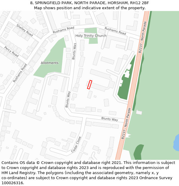 8, SPRINGFIELD PARK, NORTH PARADE, HORSHAM, RH12 2BF: Location map and indicative extent of plot