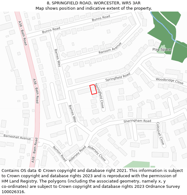 8, SPRINGFIELD ROAD, WORCESTER, WR5 3AR: Location map and indicative extent of plot