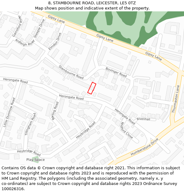 8, STAMBOURNE ROAD, LEICESTER, LE5 0TZ: Location map and indicative extent of plot