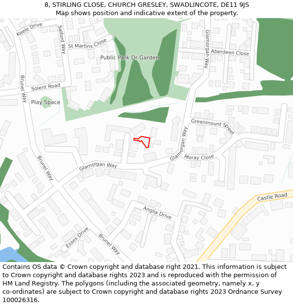 8, STIRLING CLOSE, CHURCH GRESLEY, SWADLINCOTE, DE11 9JS: Location map and indicative extent of plot