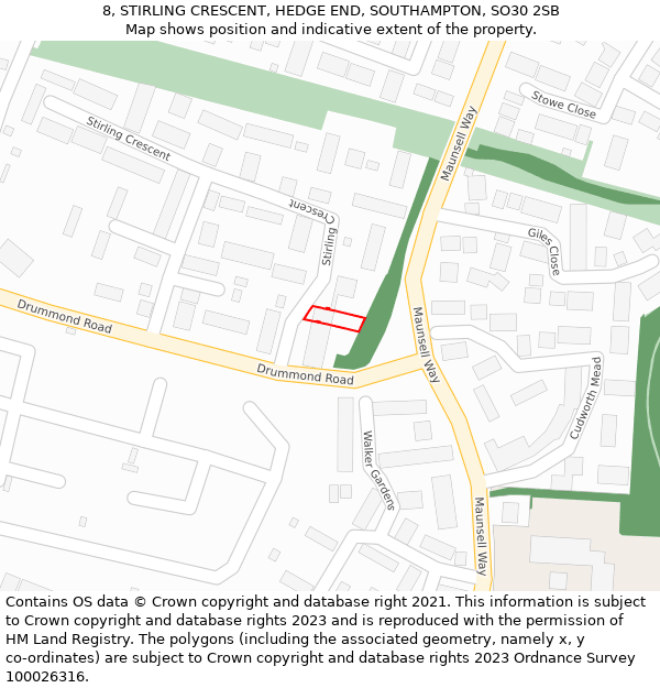 8, STIRLING CRESCENT, HEDGE END, SOUTHAMPTON, SO30 2SB: Location map and indicative extent of plot