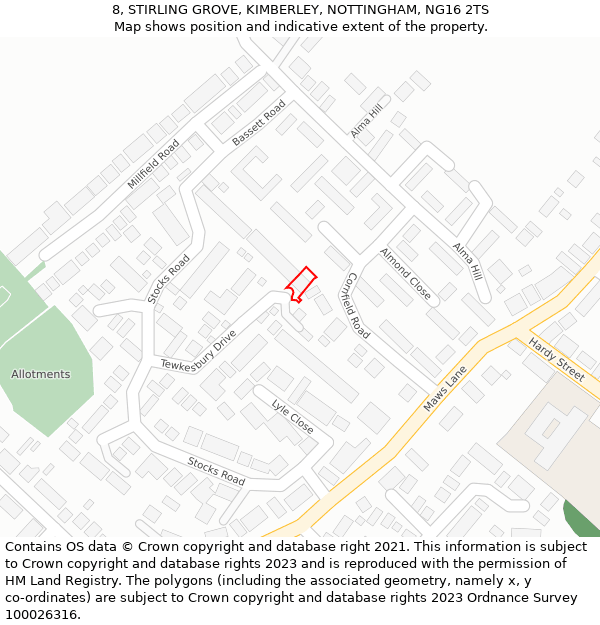 8, STIRLING GROVE, KIMBERLEY, NOTTINGHAM, NG16 2TS: Location map and indicative extent of plot