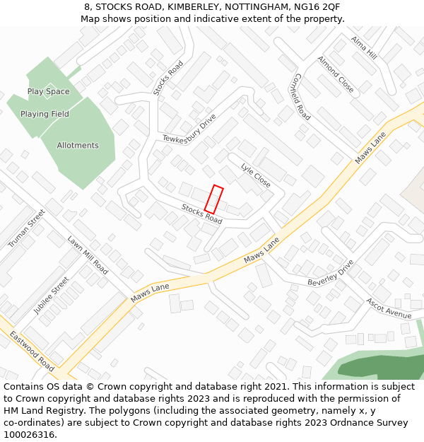 8, STOCKS ROAD, KIMBERLEY, NOTTINGHAM, NG16 2QF: Location map and indicative extent of plot