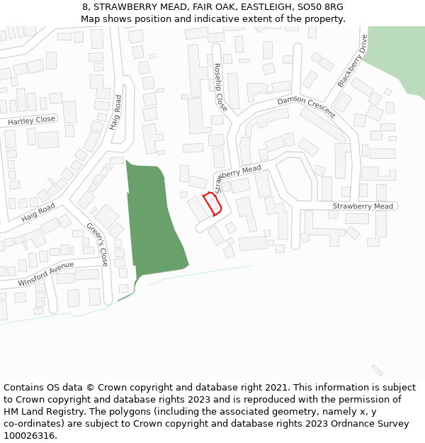 8, STRAWBERRY MEAD, FAIR OAK, EASTLEIGH, SO50 8RG: Location map and indicative extent of plot