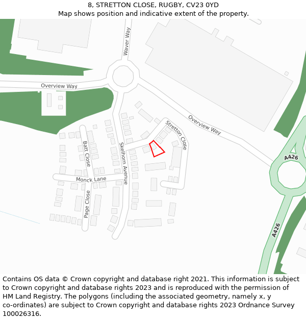 8, STRETTON CLOSE, RUGBY, CV23 0YD: Location map and indicative extent of plot