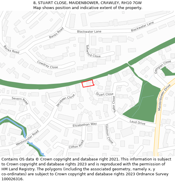 8, STUART CLOSE, MAIDENBOWER, CRAWLEY, RH10 7GW: Location map and indicative extent of plot