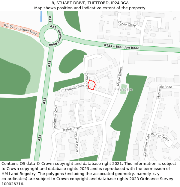 8, STUART DRIVE, THETFORD, IP24 3GA: Location map and indicative extent of plot