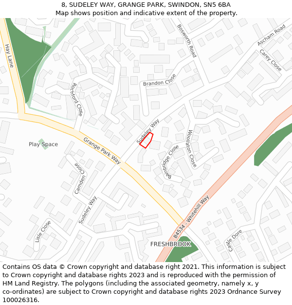8, SUDELEY WAY, GRANGE PARK, SWINDON, SN5 6BA: Location map and indicative extent of plot