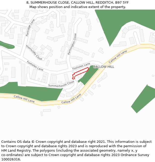8, SUMMERHOUSE CLOSE, CALLOW HILL, REDDITCH, B97 5YF: Location map and indicative extent of plot