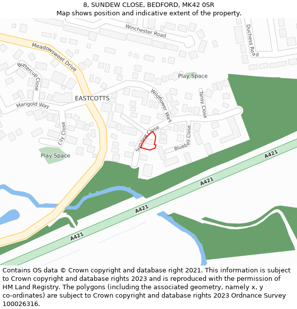 8, SUNDEW CLOSE, BEDFORD, MK42 0SR: Location map and indicative extent of plot