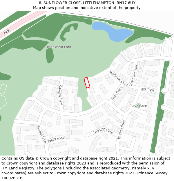 8, SUNFLOWER CLOSE, LITTLEHAMPTON, BN17 6UY: Location map and indicative extent of plot