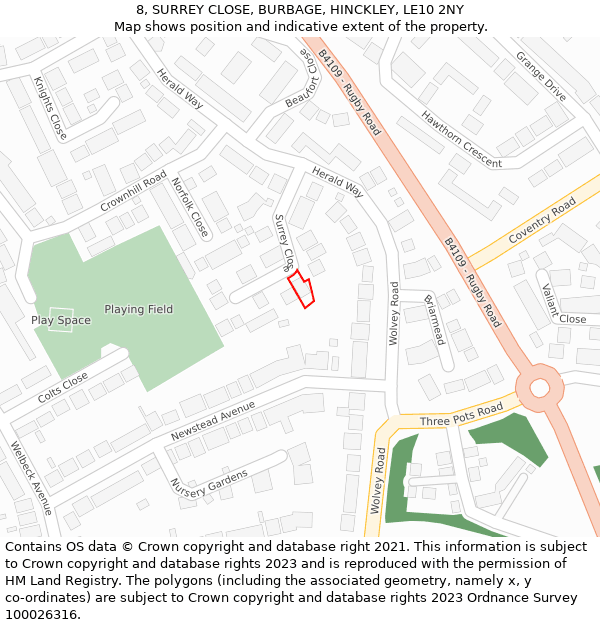 8, SURREY CLOSE, BURBAGE, HINCKLEY, LE10 2NY: Location map and indicative extent of plot