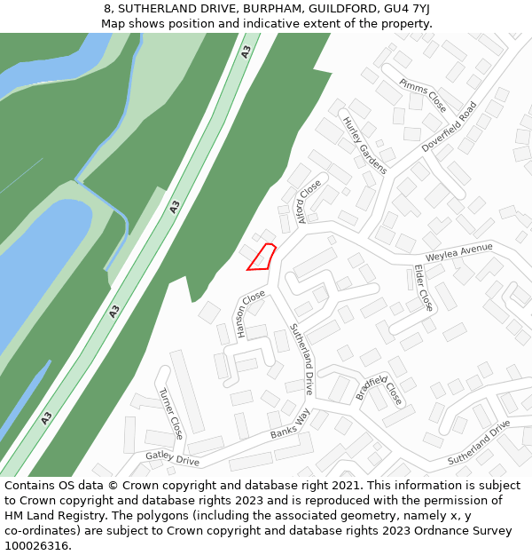 8, SUTHERLAND DRIVE, BURPHAM, GUILDFORD, GU4 7YJ: Location map and indicative extent of plot