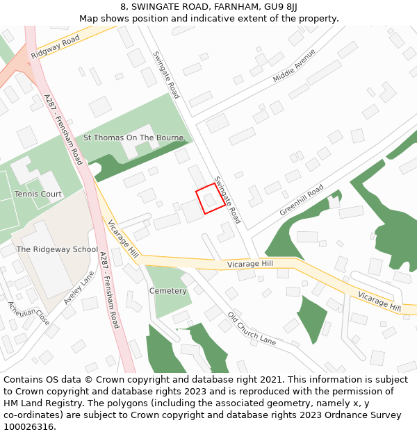 8, SWINGATE ROAD, FARNHAM, GU9 8JJ: Location map and indicative extent of plot
